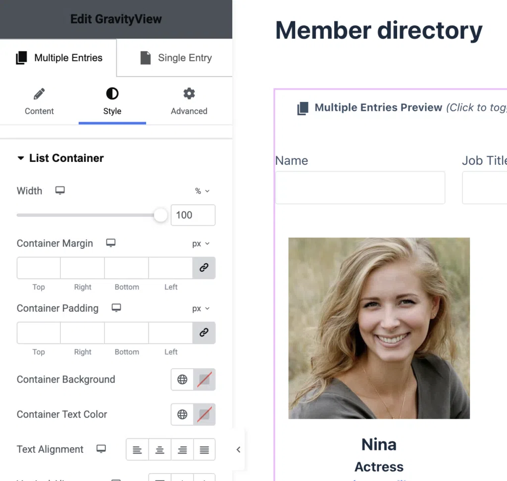 The style tab for the GravityView Elementor widget