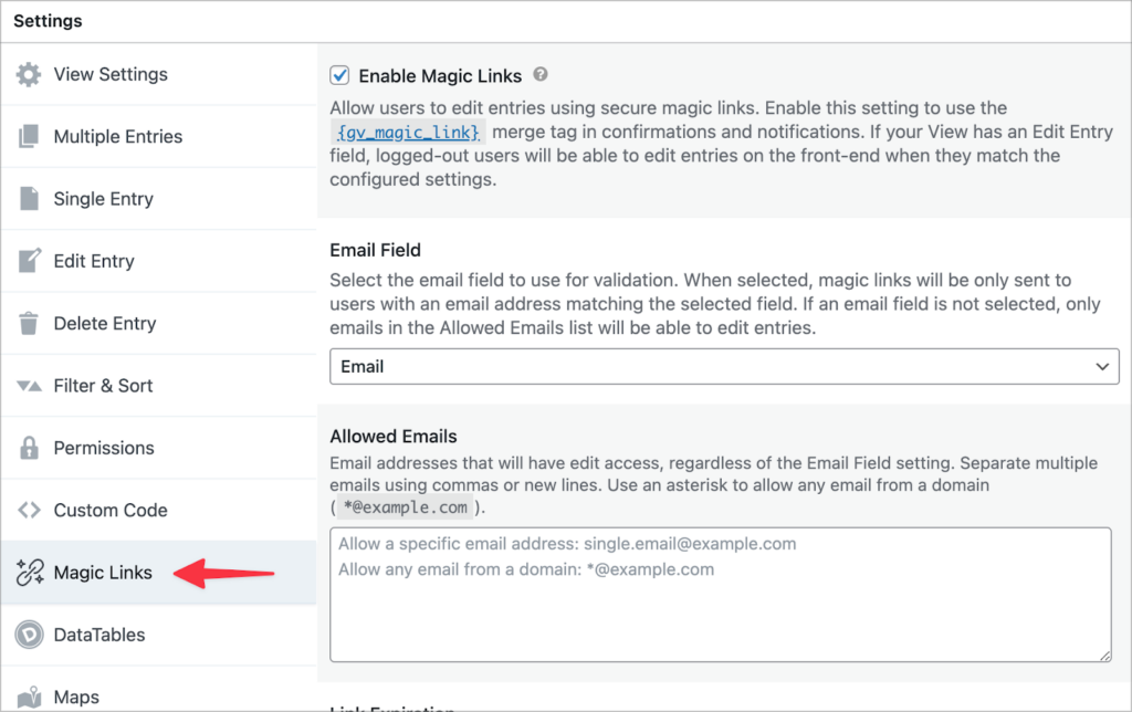 The Magic Links settings in the View settings; here there is a checkbox to enable the functionality, a dropdown to select an 'Email' field for validation, and a text input box for adding a list of allowed emails or domains.