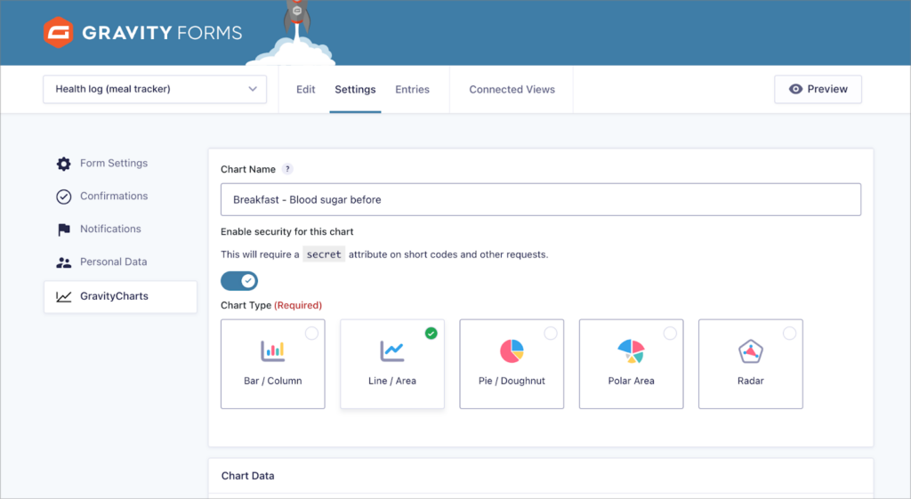 The GravityCharts feed settings