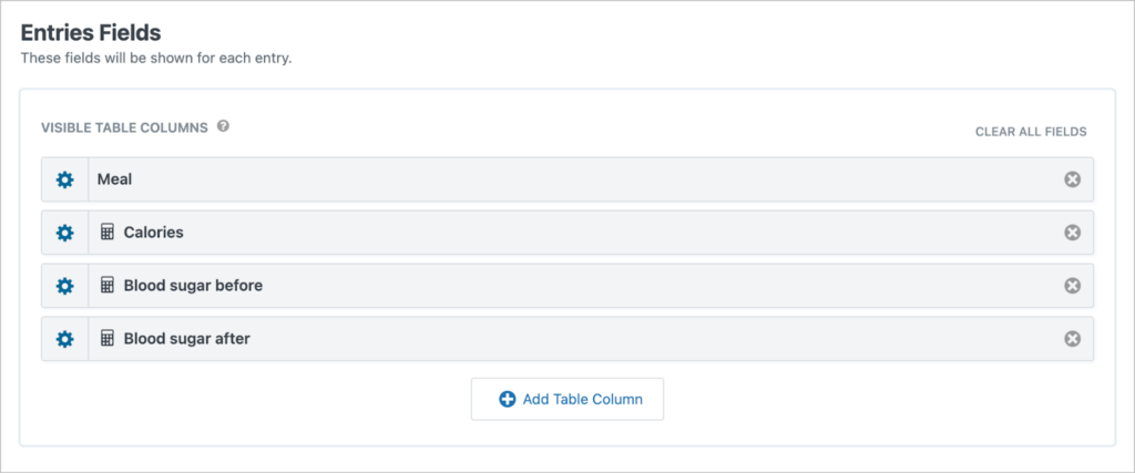 The 'Entries Fields' section of the View editor; there are four fields added here: Meal, Calories, Blood sugar before, Blood sugar after