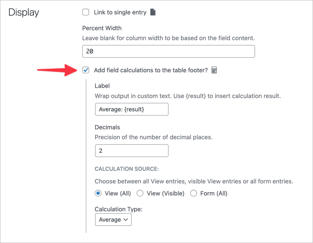 The field display settings in GravityView; there is an arrow pointed to a checkbox labeled 'Add field calculations to the table footer'