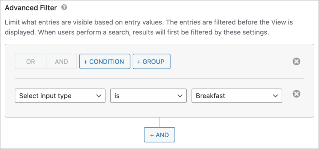 GravityView's advanced filter with a single condition that reads 'Select input type is Breakfast'.