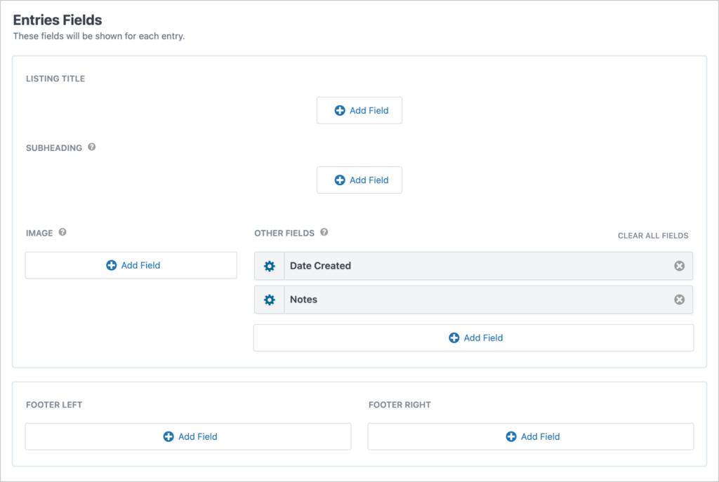 The GravityView View editor for the list type; there are two fields added to the 'Other Fields' section—Date Created and Notes.