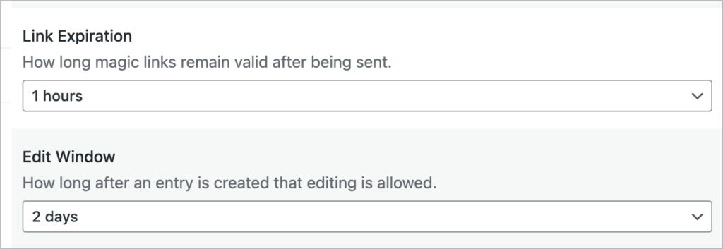 Two dropdown fields; one for selecting a link expiration time and a second for choosing an edit window. They are set to "1 hour" and "2 days" respectively
