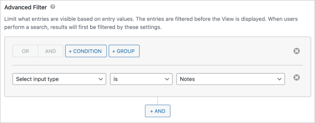 GravityView's advanced filter with a single condition that reads 'Select input type is Notes'.