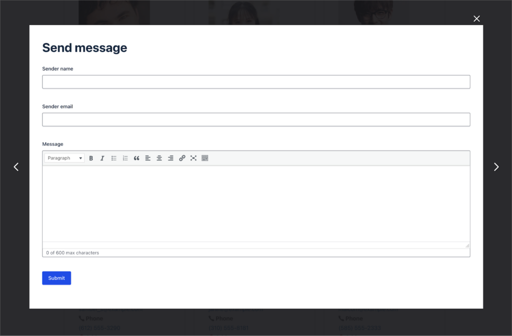 A modal with a form titled 'Send Message'; it has the following fields: Sender name, Sender email, and message