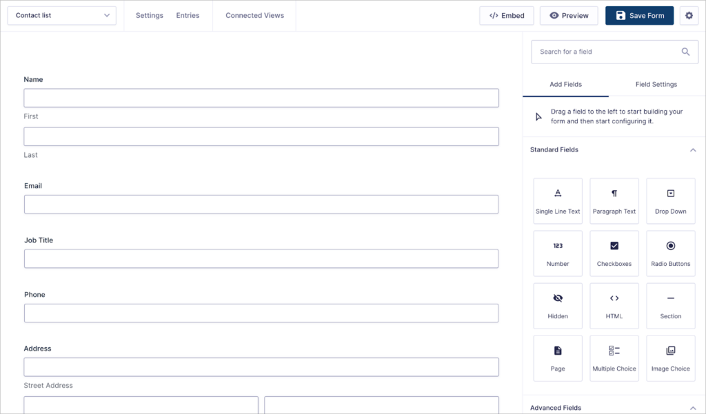 The Gravity Forms visual editor