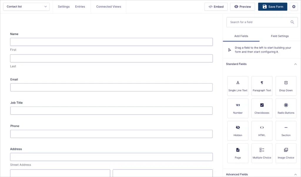 The Gravity Forms visual editor