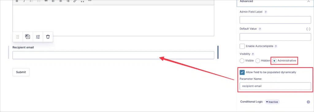 A field in the Gravity forms editor labeled 'Recipient email'; the field settings are open and the checkbox labeled 'Allow field to be populated dynamically' is highlighted.