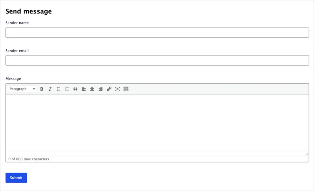 A form titled 'Send message' with the following fields: Sender name, Sender email and Message.