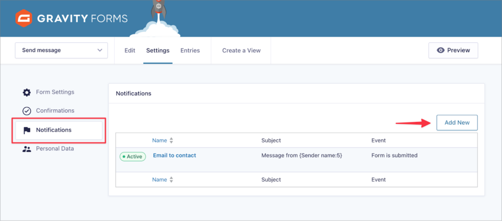 The 'Notifications' tab in the Gravity Forms settings. There is an arrow pointing to the 'Add New' button