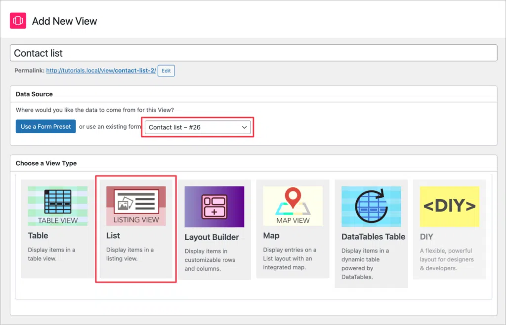 The 'Add New View' screen in GravityView; the data source dropdown and List View type are highlighted