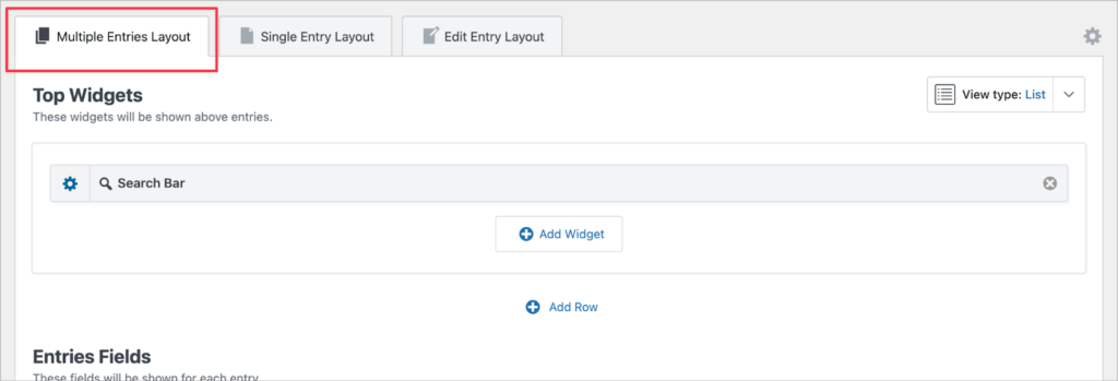 The GravityView View editor; the 'Multiple Entries Layout' tab is highlighted