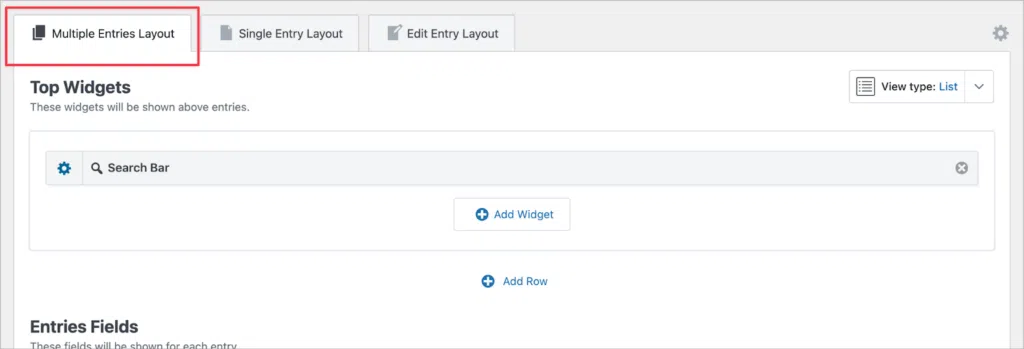 The GravityView View editor; the 'Multiple Entries Layout' tab is highlighted