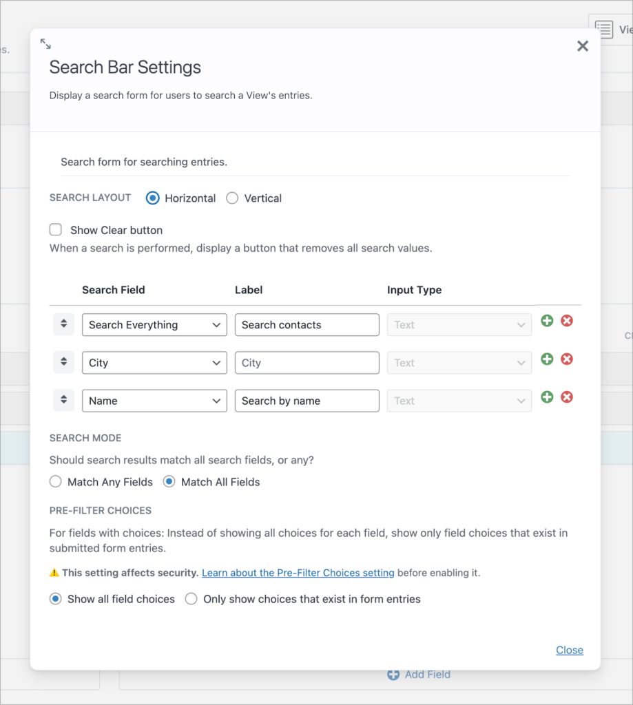 The GravityView search bar widget settings