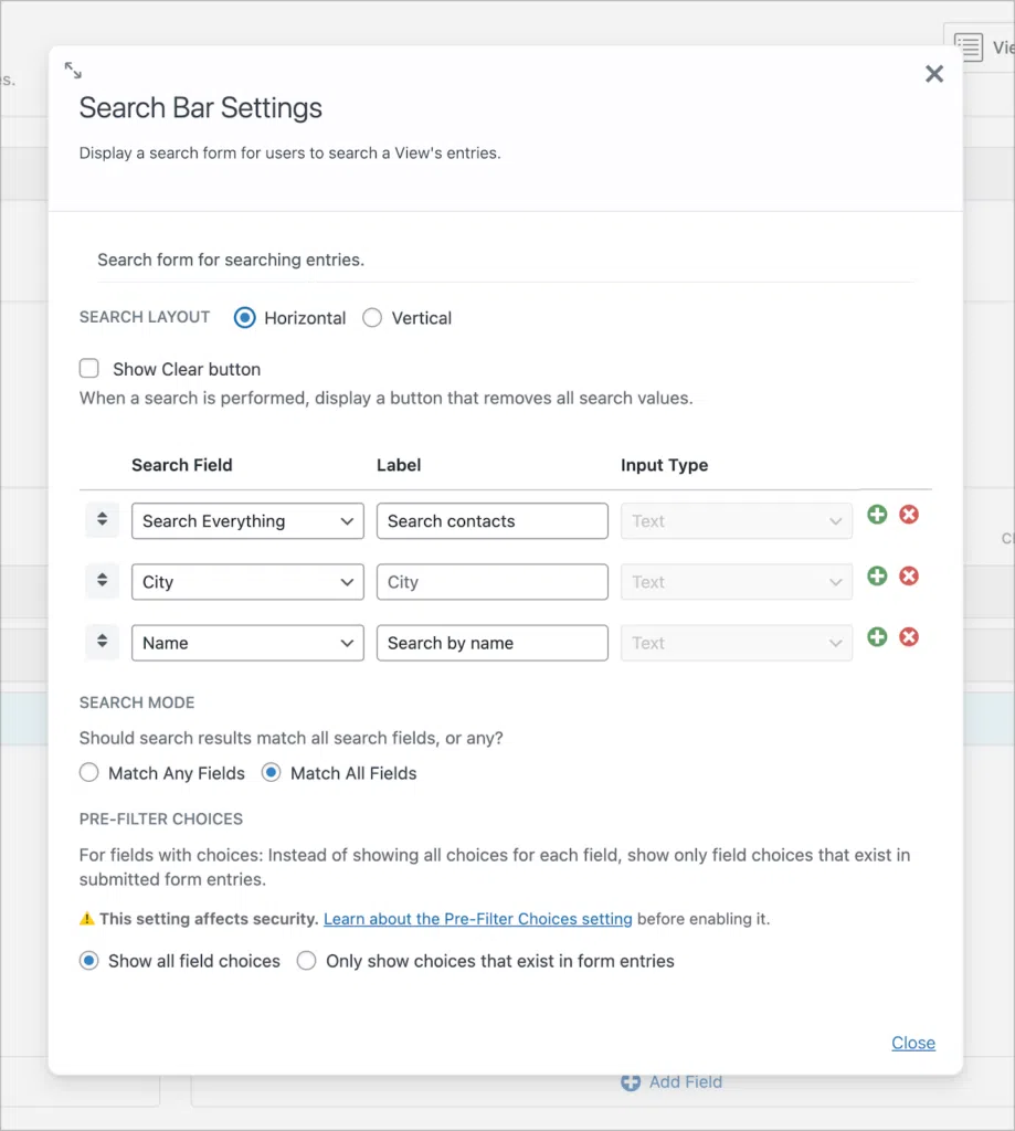 The GravityView search bar widget settings