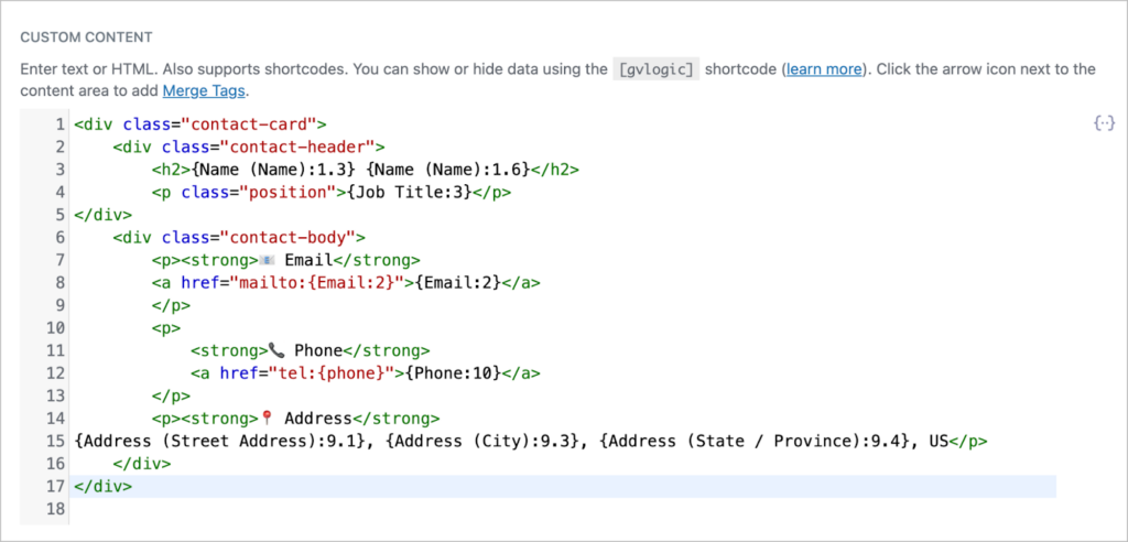 The Custom Content text editor in GravityView; inside is HTML code with merge tags
