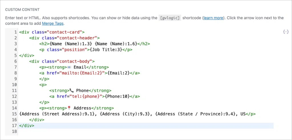The Custom Content text editor in GravityView; inside is HTML code with merge tags