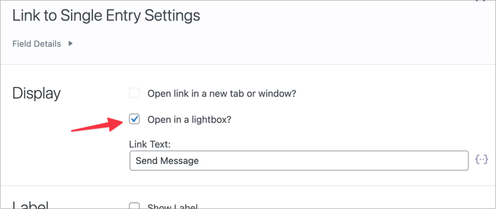 An arrow pointing to a checkbox labeled 'Open in a lightbox'