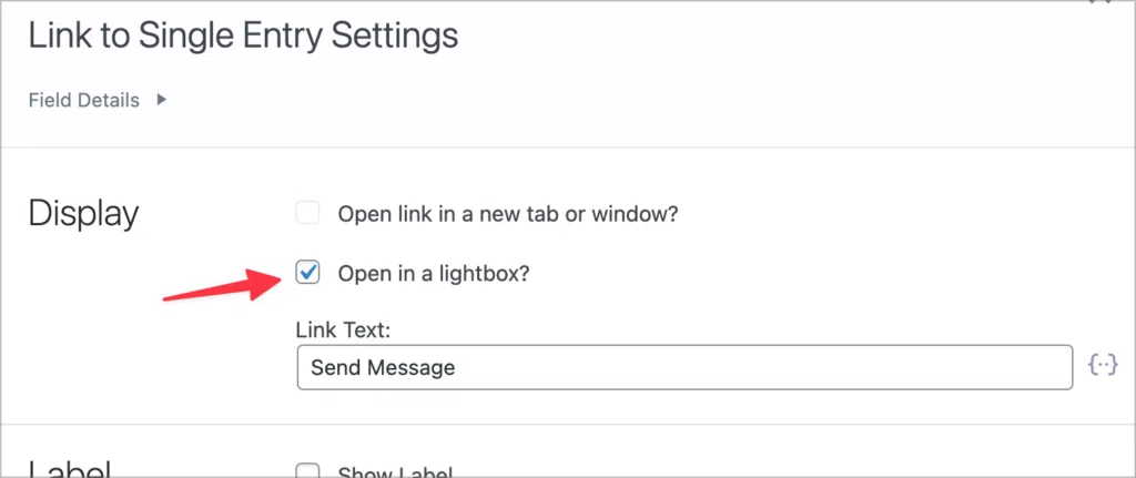 An arrow pointing to a checkbox labeled 'Open in a lightbox'