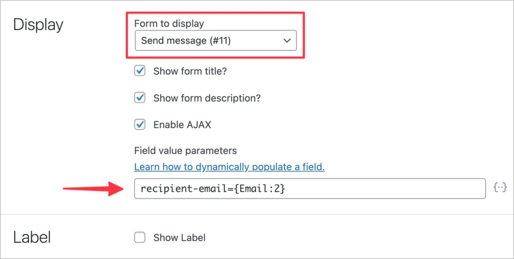 The Gravity Forms field settings in GravityView; there is an arrow pointing to an input field labeled 'Field value parameters'.
