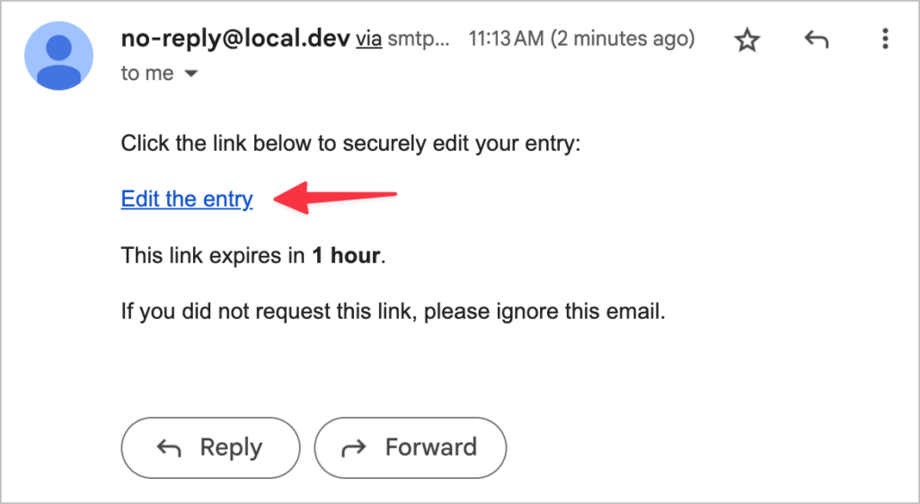 An email message body with a link titled 'Edit the entry'.