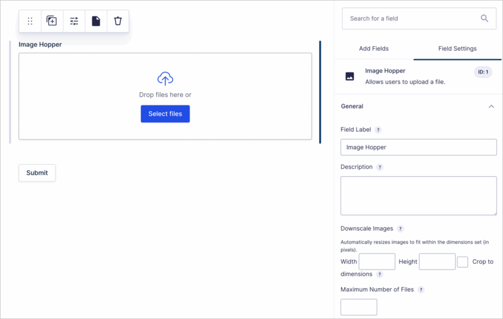 The Gravity Forms editor; There is an Image Hopper field added and the field settings are open.