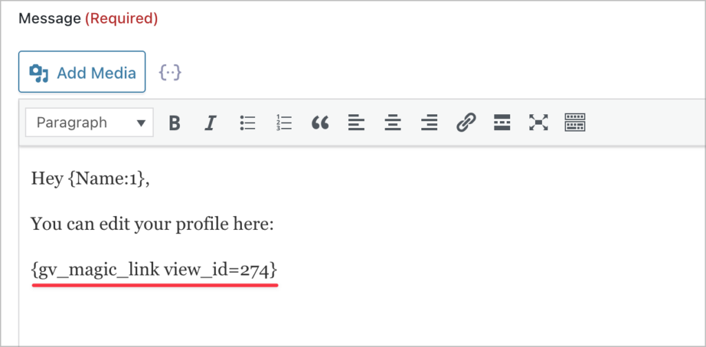 A Gravity Forms notification message body; there is a Magic Links merge tag highlighted here