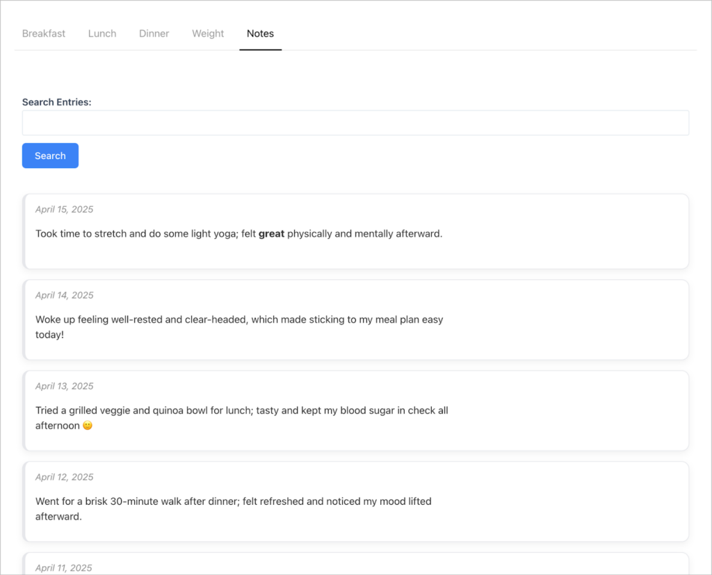 A Notes dashboard showing notes with dates
