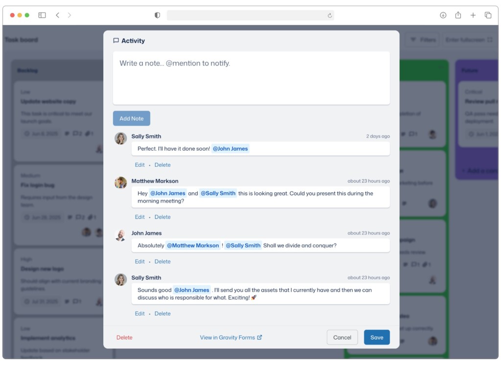 A modal containing comments between team members. There is also a space to add a new comment.