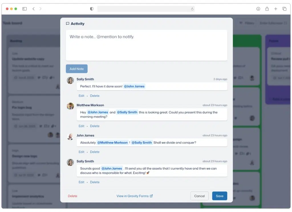 A modal showing a conversation between 2-3 people via comments and mentions.