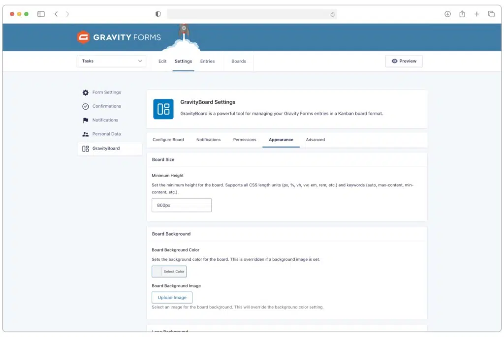 The GravityBoard feed settings page.