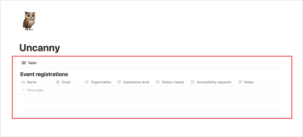 A Notion page with an inline database titled 'Event registrations'. The database has the following columns: Name, Email, Organization, Experience level, Dietary needs, Accessibility requests, Notes.