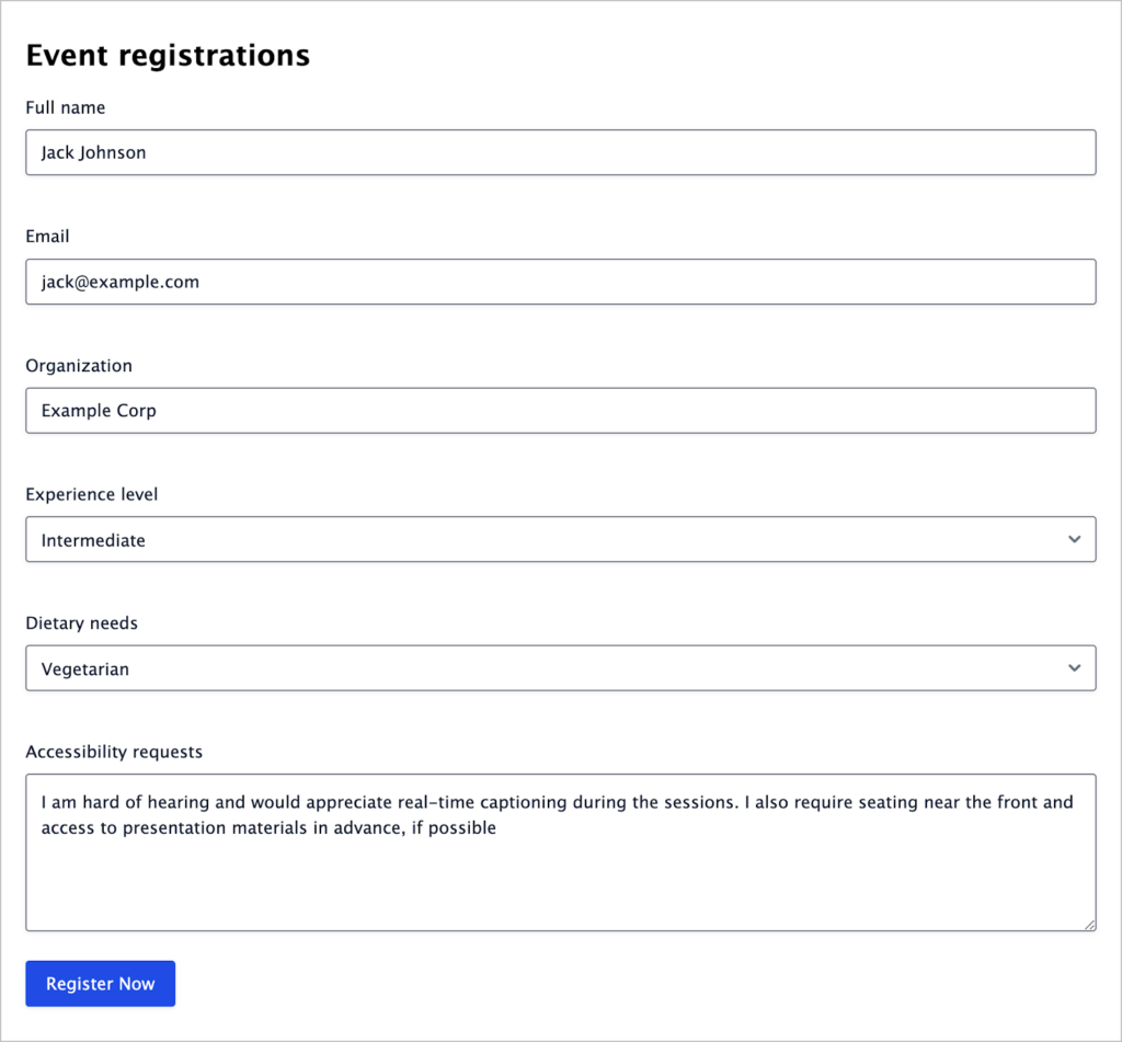 A Gravity Forms form titled 'Event registrations'. It has the following fields: Full name, Email, Organization, Experience level, Dietary needs, Accessibility requests.