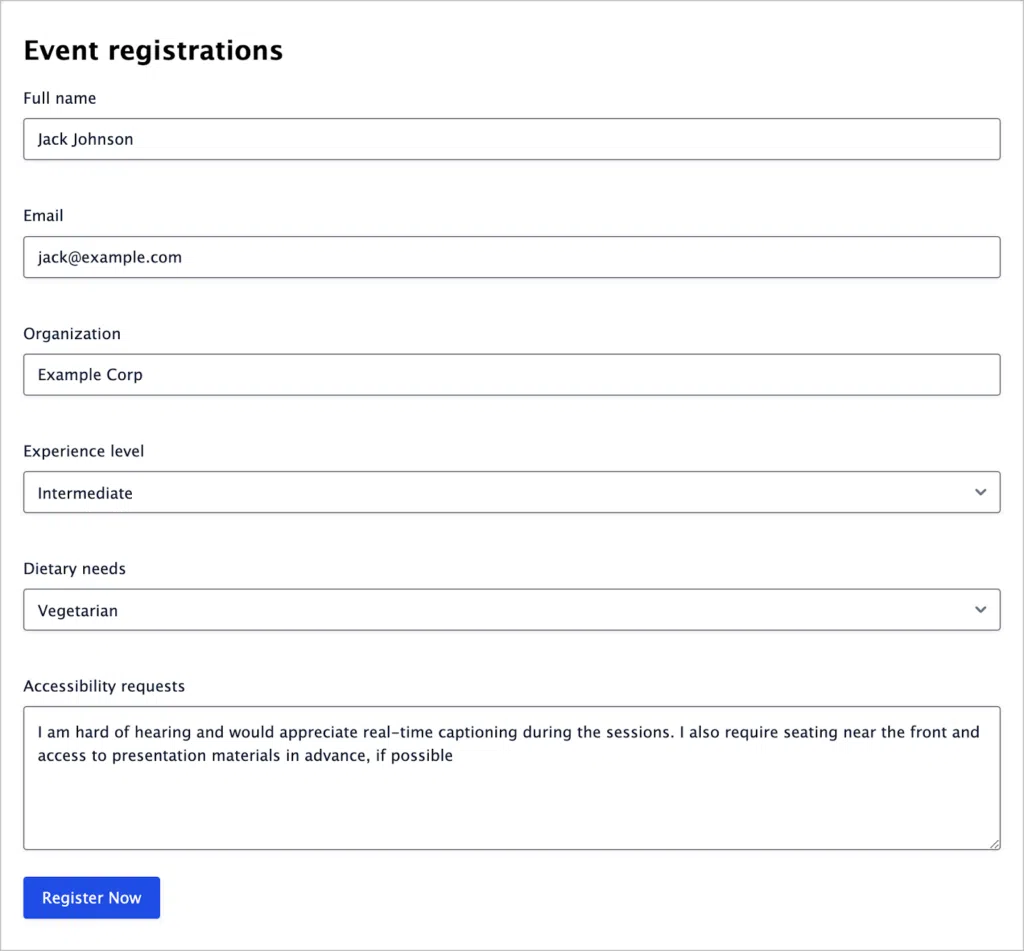 A Gravity Forms form titled 'Event registrations'. It has the following fields: Full name, Email, Organization, Experience level, Dietary needs, Accessibility requests.