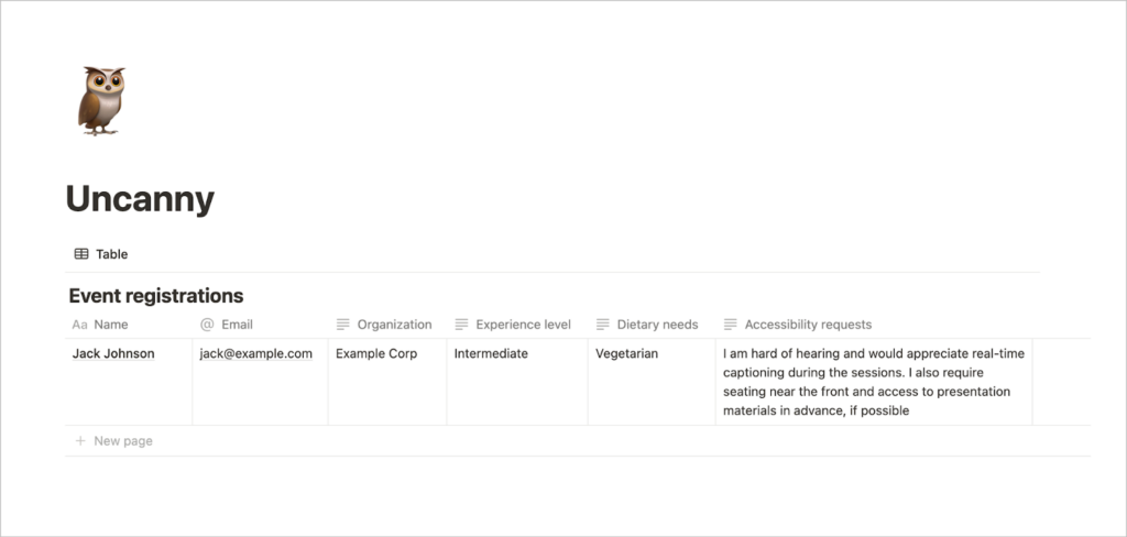 The 'Event registrations' database in Notion, showing one entry (the same as the entry submitted to the form).