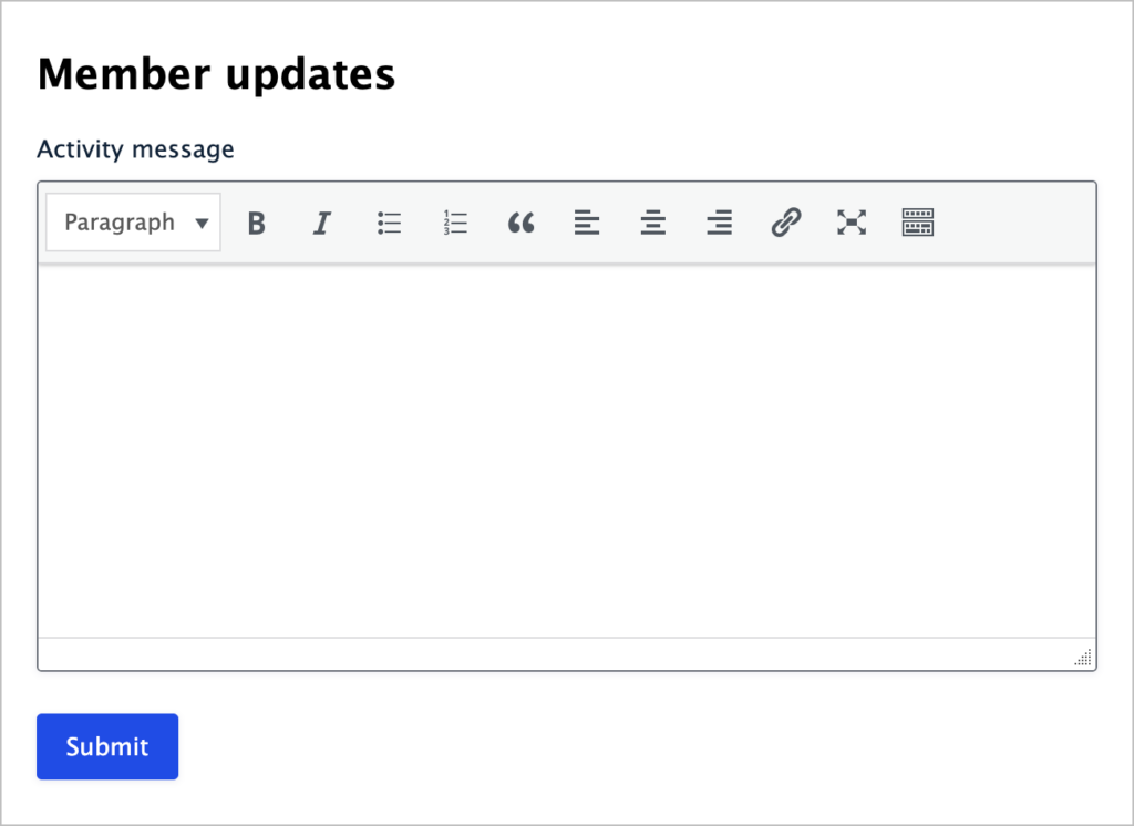 A Gravity Forms form titled 'Member updates'; it has a single text field labeled 'Activity message'.
