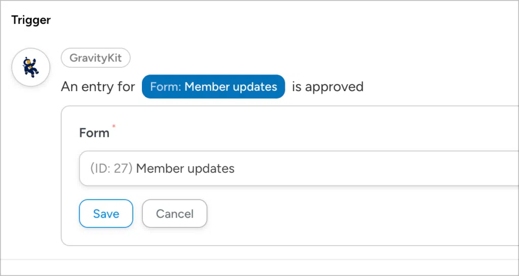 The Trigger configuration in Uncanny Automator that reads 'An entry for Form: Member updates is approved'.