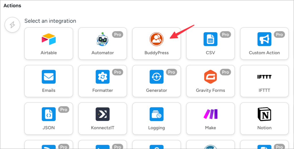 An arrow pointing to 'BuddyPress' in the 'Actions' configuration screen in Uncannu Autormator