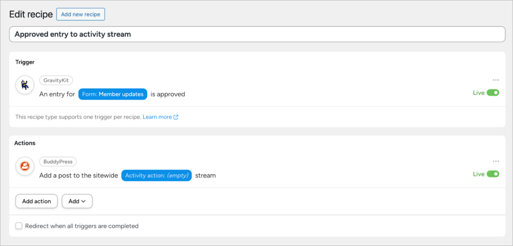 The 'Edit recipe' screen showing an overview of the automation config