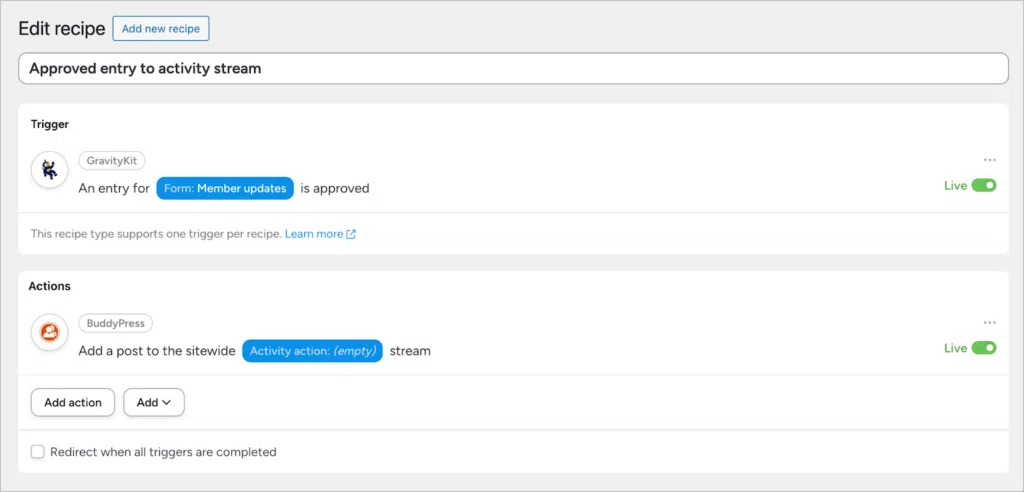 The 'Edit recipe' screen showing an overview of the automation config