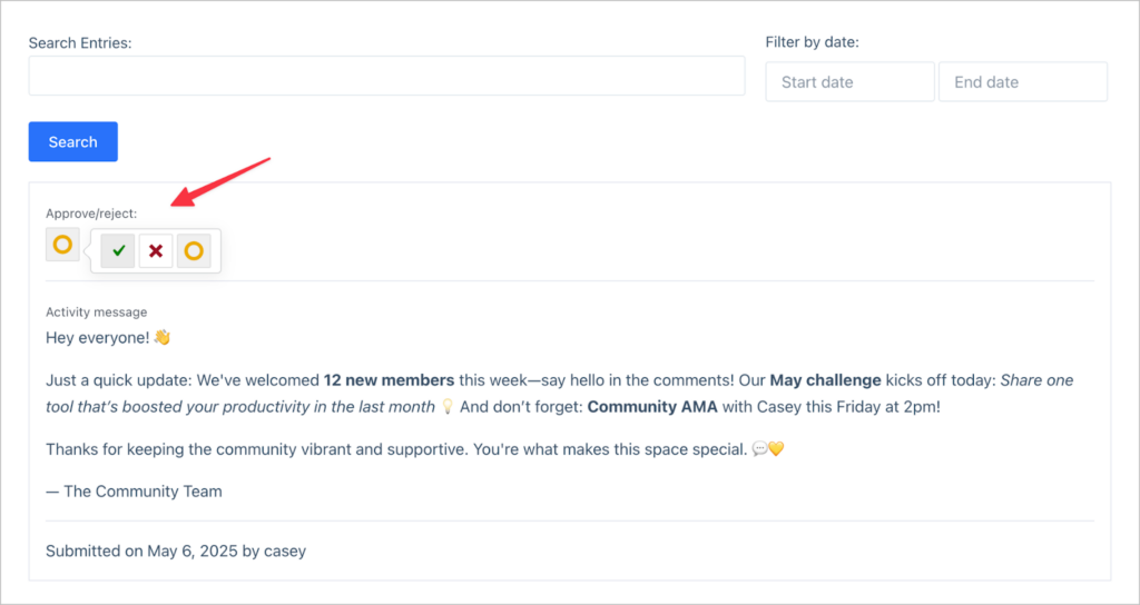 A View entry in GravityView; there is an arrow pointing to the 'Approve/reject' button.