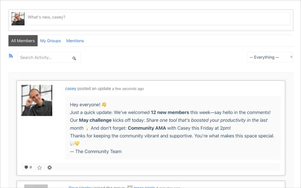 The BuddyPress Activity stream showing a new message.