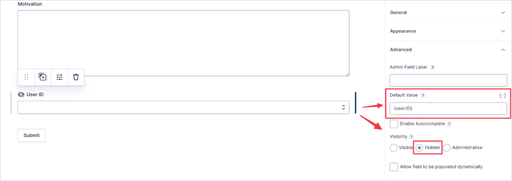 The Gravity Forms form editor; there are arrows pointing to the 'Default Value' input box and the 'Visibility' radio buttons input.