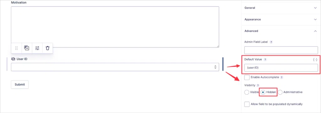 The Gravity Forms form editor; there are arrows pointing to the 'Default Value' input box and the 'Visibility' radio buttons input.