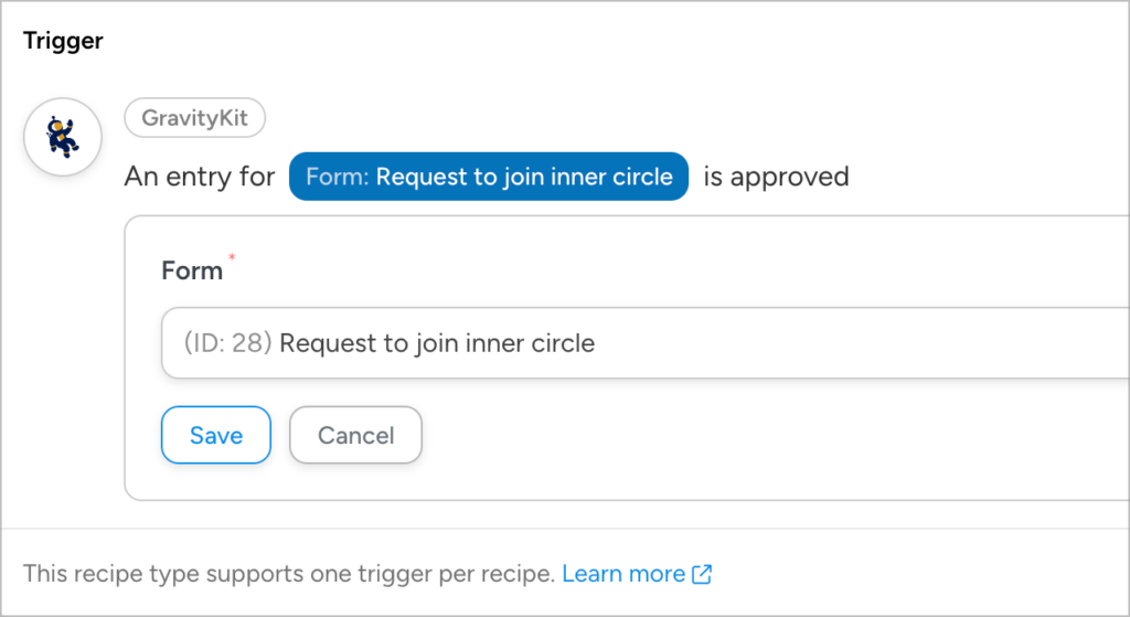 The Uncanny Automator Trigger configuration; it reads 'An entry for Form: Request to join inner circle is approved'.