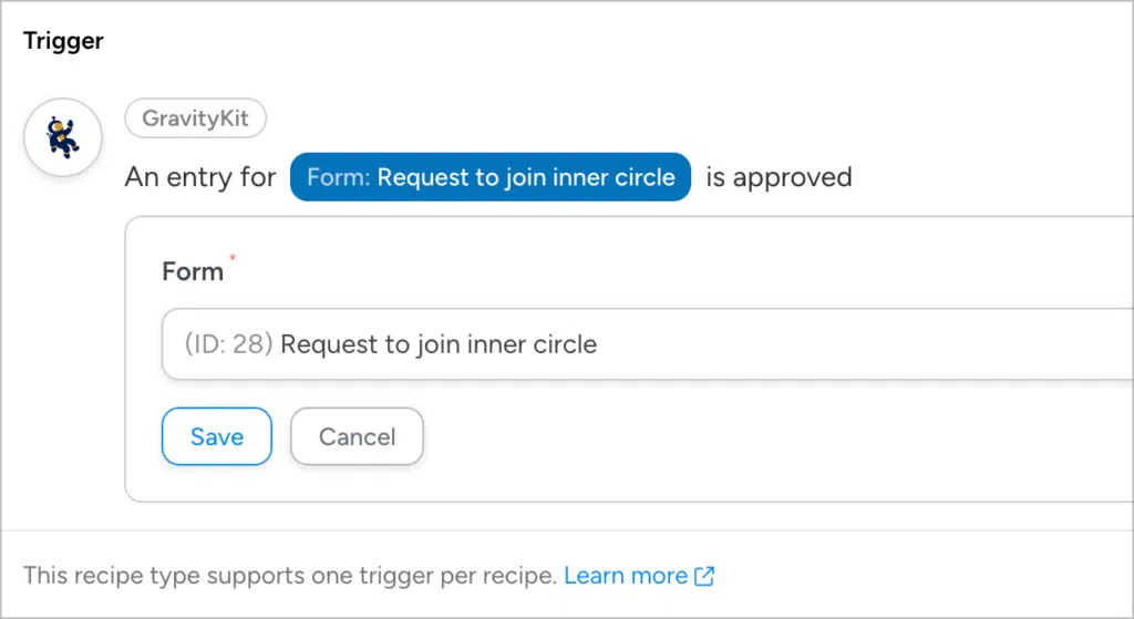 The Uncanny Automator Trigger configuration; it reads 'An entry for Form: Request to join inner circle is approved'.