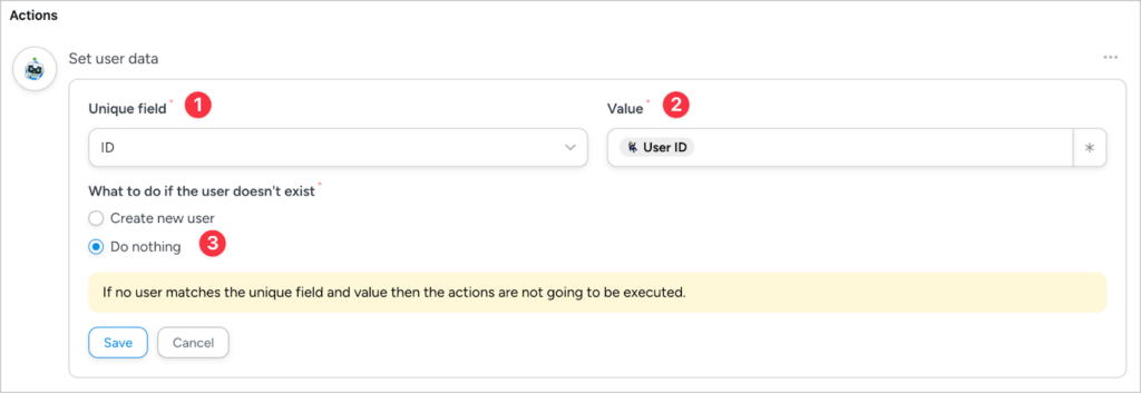 The Uncanny Automator 'Actions' configuration screen. There are three fields here: 'Unique field', 'Value', and 'What to do if the user doesn't exist'.