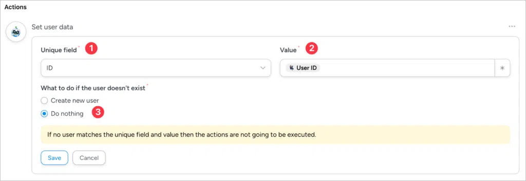 The Uncanny Automator 'Actions' configuration screen. There are three fields here: 'Unique field', 'Value', and 'What to do if the user doesn't exist'.