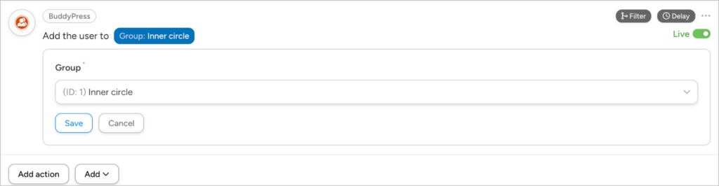 The 'Actions' configuration screen; it reads 'Add the user to Group: Inner circle'.